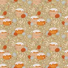 Watercolor hand drawn seamless pattern with illustration of Easter cakes, icing-sugar, colored eggs, pussy-willow twigs isolated on green background. Spring holiday collection in flat cartoon style.