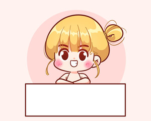 Cute girl holding empty sign banner hand drawn cartoon art illustration