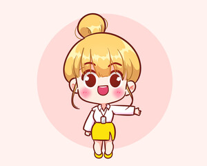 Cute girl standing pointing hand to presentation poses logo banner hand drawn cartoon art illustration