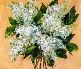 oil or acrylic painting. Floral still life. white lilac on a beige background. Impressionism flower painting