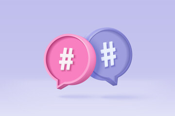 3D hashtag search link symbol on social media notification icon isolated on purple background. Comments thread mention or user reply sign with social media. 3d hashtag on vector render illustration - obrazy, fototapety, plakaty