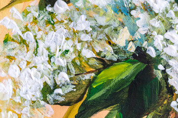 oil or acrylic painting. Floral still life. white lilac on a beige background. Impressionism flower...