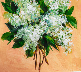 oil or acrylic painting. Floral still life. white lilac on a beige background. Impressionism flower painting