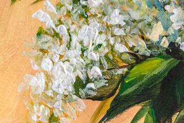 oil or acrylic painting. Floral still life. white lilac on a beige background. Impressionism flower painting - 495195250