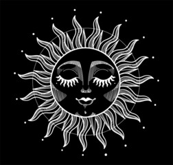 Sun with face and closed eyes, white boho pattern on black background, mystical tarot icon. Vector illustration, sketch for astrology, witch tattoo.