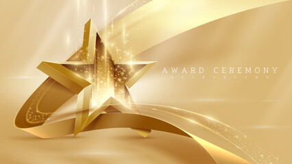 3d gold star with ribbon element and glitter light effect decoration and bokeh and beam. Luxury award ceremony background. - obrazy, fototapety, plakaty