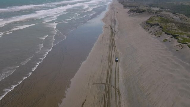 Aerial: 4wd cars travelling along Muriwai beach, New Zealand