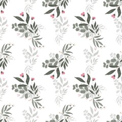 Delicate twigs of a bouquet of eucalyptus watercolor. Flower buds, leaves in a seamless pattern. Print for wallpaper, stationery, textile, fabric