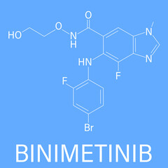 Binimetinib cancer drug molecule (MEK inhibitor). Skeletal formula.	