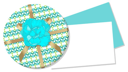 A rounded gift wrapped with colorful pattern and thin golden ribbon, and a blue flower on it, a white card for you to write the message and an envelope put underneath, on a white background, vector.
