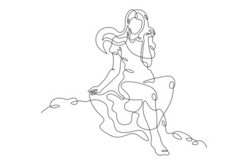 Fototapeta premium Woman sits on the edge of a cliff.Young woman sits alone on a rock. Romantic anticipation.Teenager is sad in loneliness.One continuous line drawing.Girl with luxurious hair in a dress.Line Art