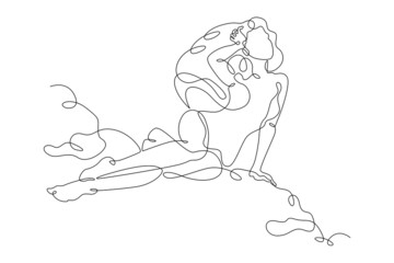 Woman sits on the edge of a cliff.Young woman sits alone on a rock. Romantic anticipation.Teenager is sad in loneliness.One continuous line drawing.Girl with luxurious hair in a dress.Line Art