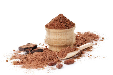Cocoa powder in the wooden bowl isolated on white background.With clipping path.