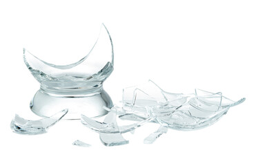 Broken glass of whiskey or cognac. Shards of glass on a white background