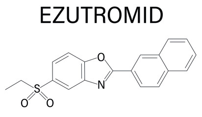 Ezutromid drug molecule. Investigational treatment of Duchenne muscular dystrophy. Activator of utrophin. Skeletal formula. - obrazy, fototapety, plakaty