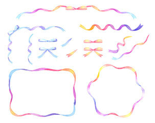 Fototapeta premium カラフルなリボンの飾りセット 水彩イラスト