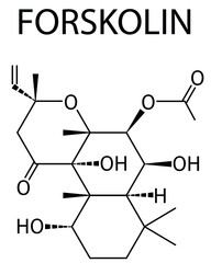 Forskolin (coleonol) molecule. Activates the enzyme adenylyl cyclase, resulting in increased levels of cAMP. Skeletal formula.