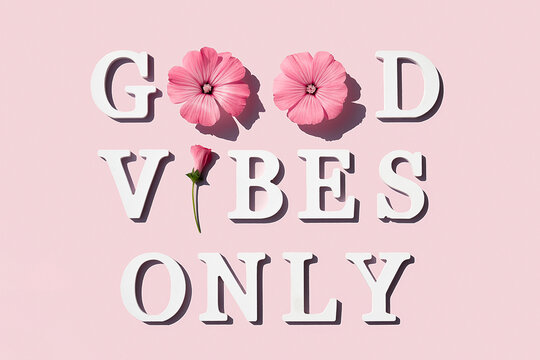 Naklejki Good vibes only. Motivational quote from white letters and beauty natural flowers on pink background. Creative concept inspirational quote of the day
