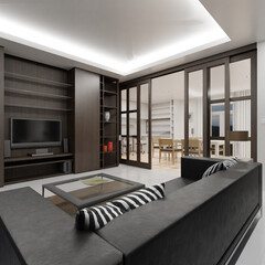 Home decor. Living room. Stylish interior 3D render. Modern apartment 3D illustration.