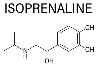 Isoprenaline (isoproterenol) drug molecule. Used in treatment of bradycardia, heart block and asthma. Skeletal formula.