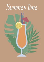 Vintage summer cocktail banner. Drink bar design with tropical leaves.