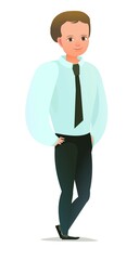 Pretty boy student. Cheerful guy. Standing pose. Cartoon flat design in comic style. Single character. Illustration isolated on white background. Vector