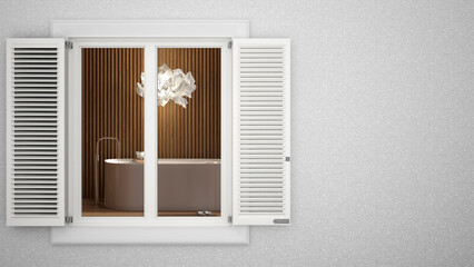 Exterior plaster wall with white window with shutters, showing interior modern wooden spa bathroom, blank background with copy space, architecture design concept idea, mockup template