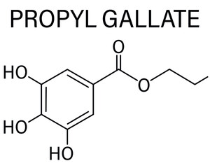 Propyl gallate or propyl 3,4,5-trihydroxybenzoate antioxidant food additive molecule. Skeletal formula.