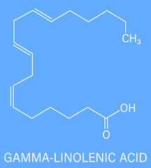 Gamma-linolenic acid (γ-linolenic acid, GLA, gamolenic acid) molecule. Omega-6 fatty acid present in many vegetable oils, including evening primrose, chia, hemp and borage seed oils. Skeletal formula.