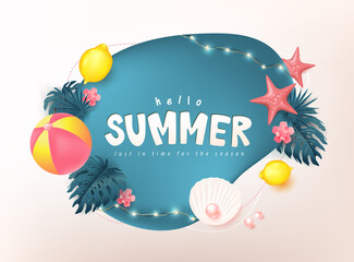 Colorful Summer beach vibes background layout banner design and summer calligraphy