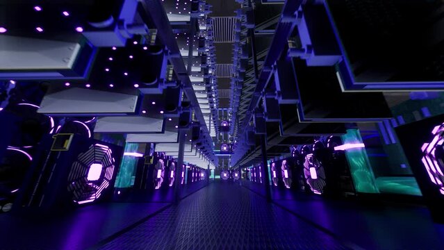 3D animation of mining equipment on stand racks mine cryptocurrency in steel container. Blockchain technology application specific integrated circuit datacenter. Server room lights.