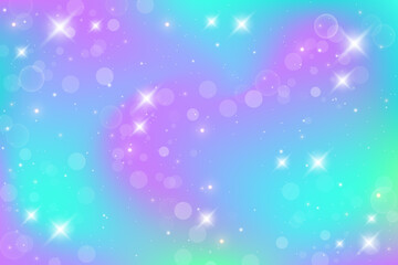 Rainbow fantasy background. Holographic unicorn illustration. Multicolored sky with stars and bokeh. Vector