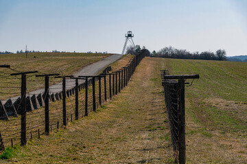 Memory of communism iron curtain in Cizov in Czech Republic village near border with Austria with...