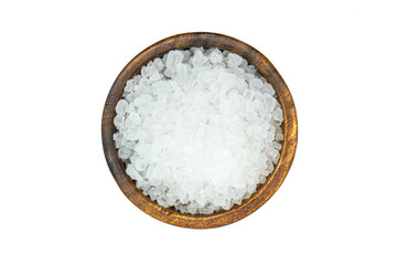 Fototapeta na wymiar Coarse salt in wooden bowl isolated on white background top view