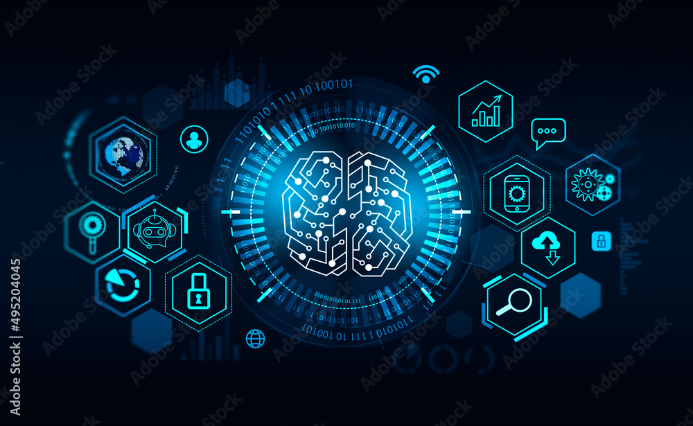 Poster brain icon and binary with circuit, digital hologram