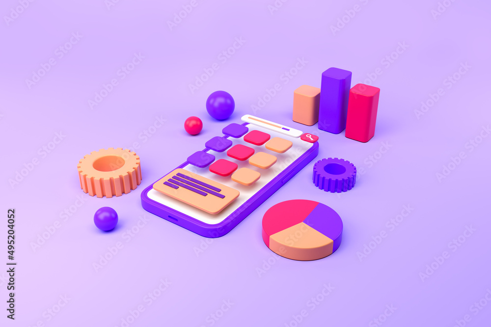 Poster phone with icons, financial data with pie chart with graphs