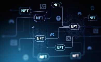 NFT icons and chain, cryptocurrency and digital hologram and coding