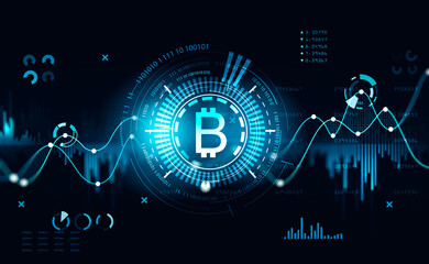 Stock market with cryptocurrency data and rising lines, internet banking