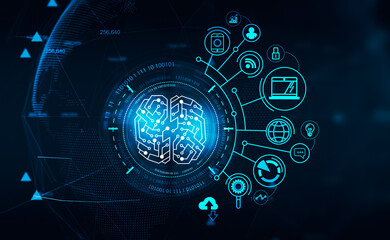 Brain icon and diverse business and security icons, digital hologram