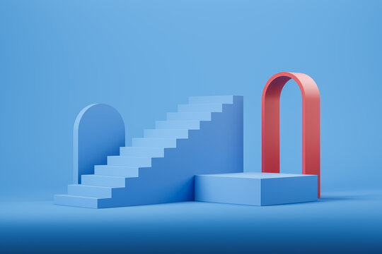 Blue Abstract Geometry And Stairs With Arch. Mockup