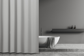 Grey bathroom interior with tub and accessories, rack and blank curtain