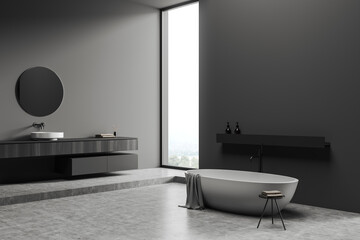 Grey bathroom interior with tub, sink and panoramic window. Mockup