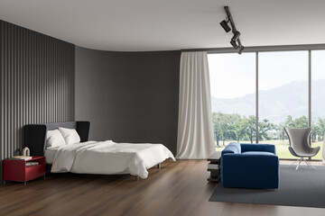 Corner view on bright bedroom interior with bed, panoramic window