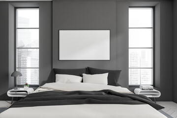 Grey hotel room interior with bed and panoramic window. Mockup frame