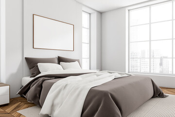 Light sleep room interior with bed and panoramic window. Mockup frame