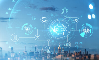 New York cityscape and voice chat with network icons, binary