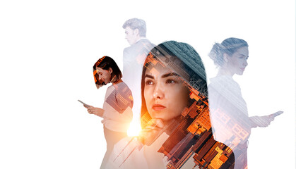 Business people with smartphone and pensive look, teamwork in co