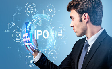 Businessman with phone, digital hud with IPO and business icons