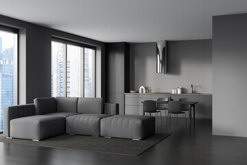 Grey kitchen interior with couch and eating table, panoramic window