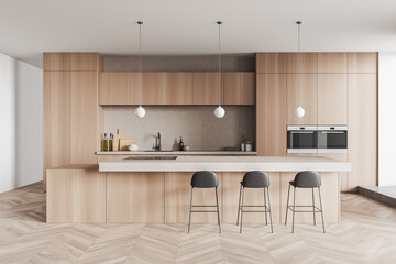 Light kitchen set interior with countertop and seats, shelves and kitchenware